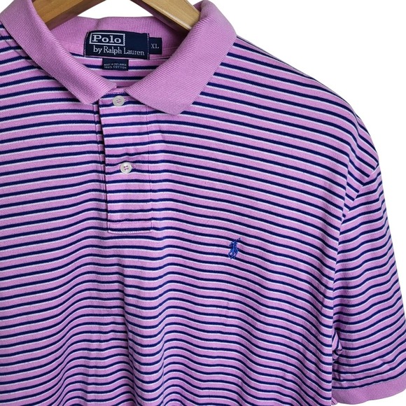 Polo by Ralph Lauren XL Striped Pink & Navy Blue Cotton Polo Shirt Soft Vents - Picture 1 of 8